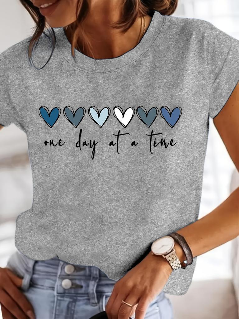 Women'S Casual Graphic T-Shirt - It'S One Day at a Time Heart Print, Short Sleeve Round Neck Top for Spring & Summer