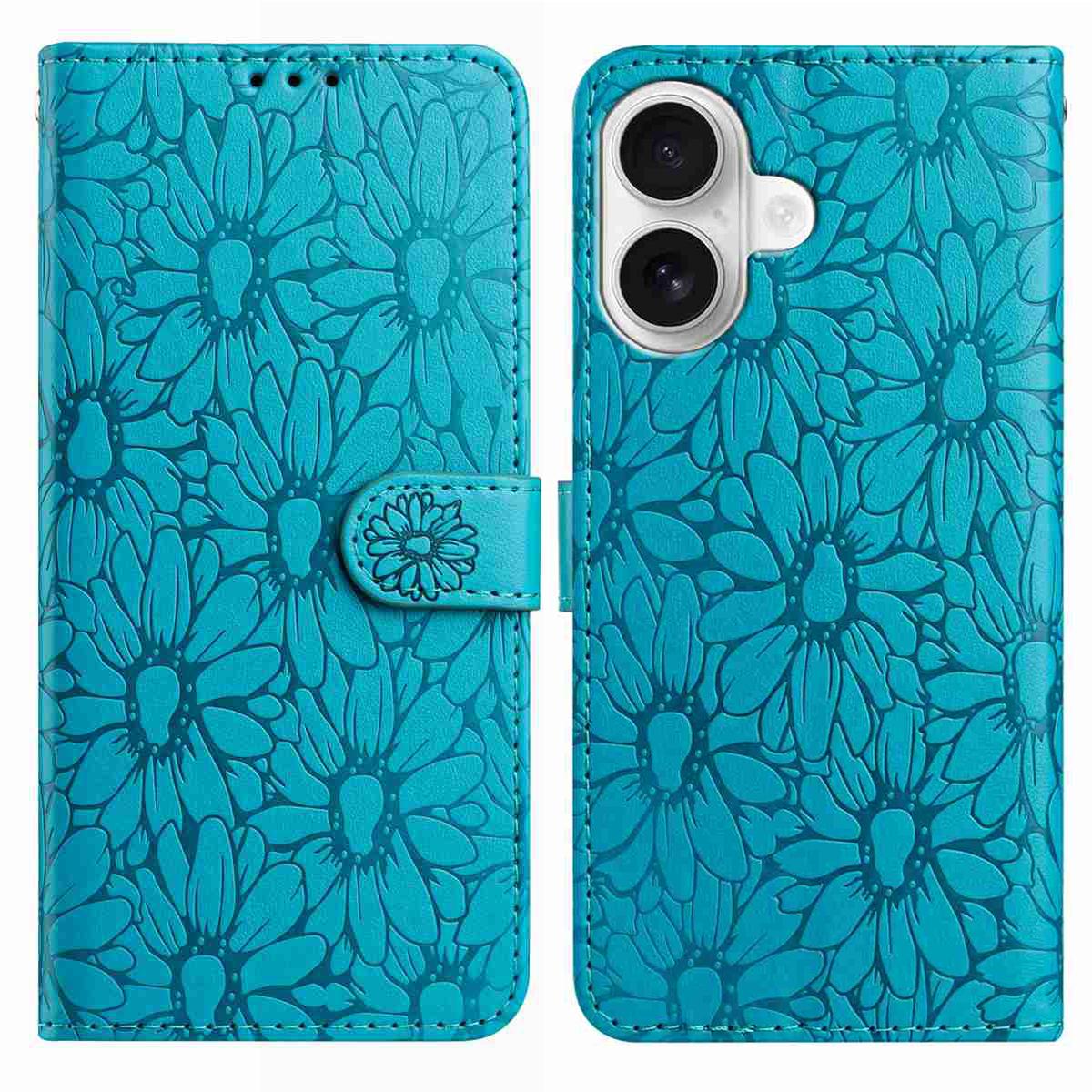 

For iPhone 16 Plus Leather Case Daisy Imprint Wallet Stand Phone Protective Cover Baby Blue