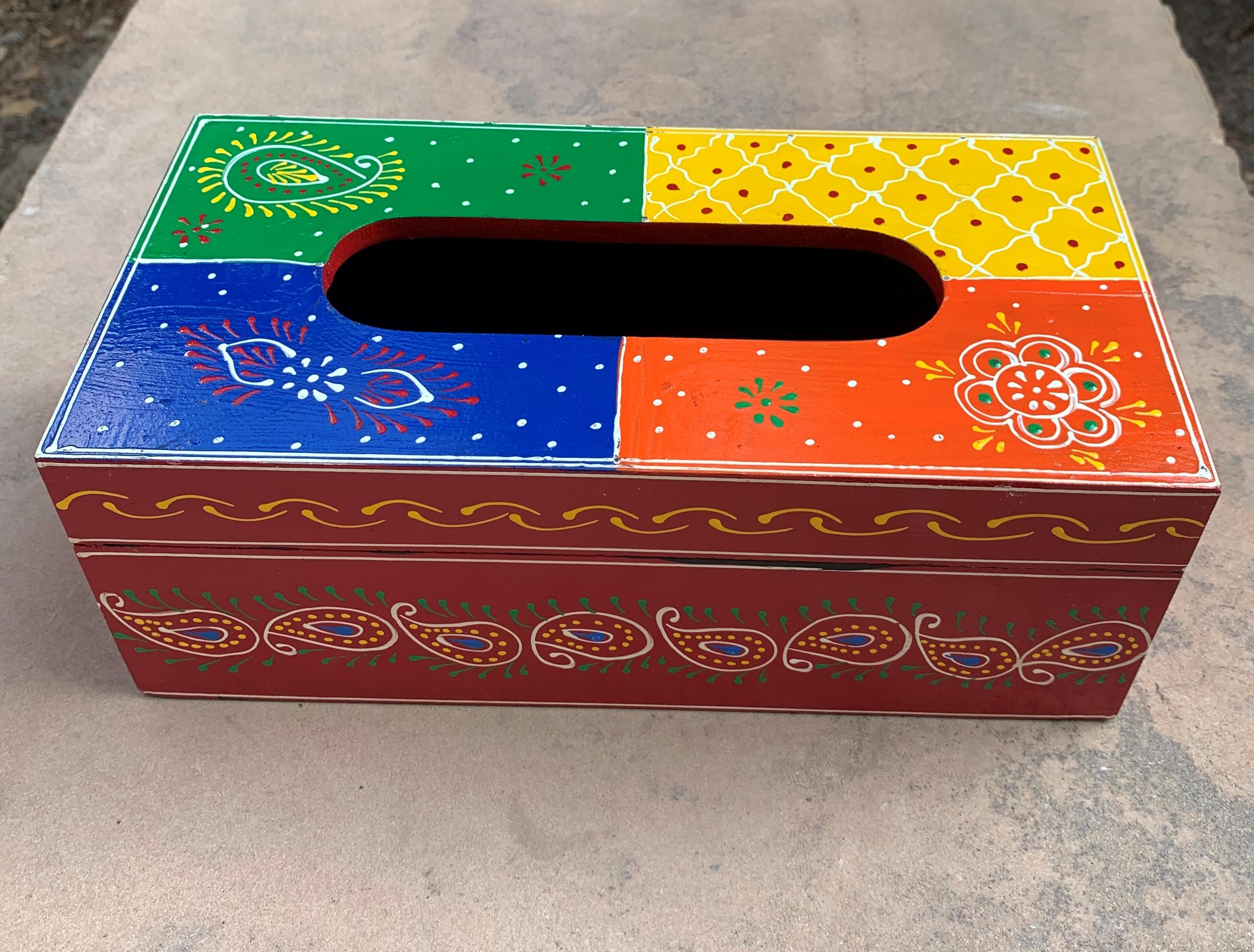 Colourful Hand Painted Wooden Tissue Box - Traditional Indian Folk Art 3.5  x 10  x 5   (h x l x w) approx.