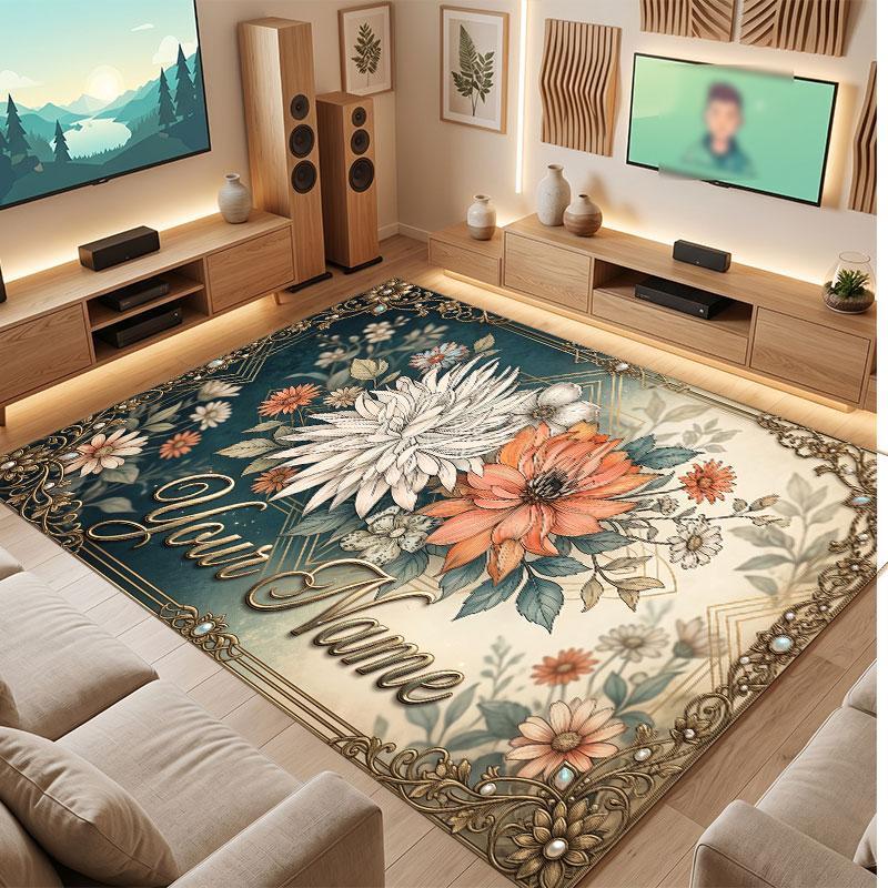 Floral Garden Theme Crystal Velvet Floor Rug Personalized Custom Name Text Warm Carpet Home Decoration