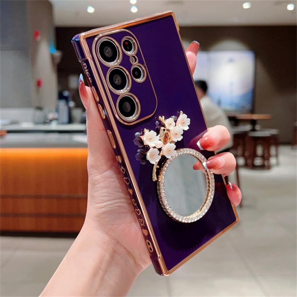 For Samsung Galaxy S24 Ultra Case with Plum Blossom Mirror Electroplating Edge Heart Pattern TPU Phone Cover