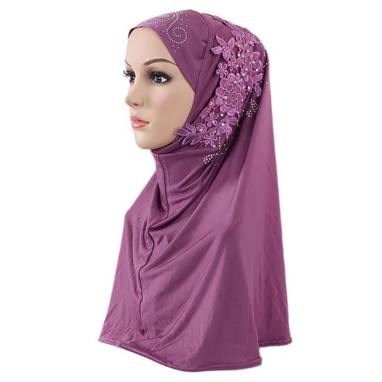 Women Solid Color Lace Rhinestone Muslim Hijab Wrap Islamic Scarf Cap Head Cover