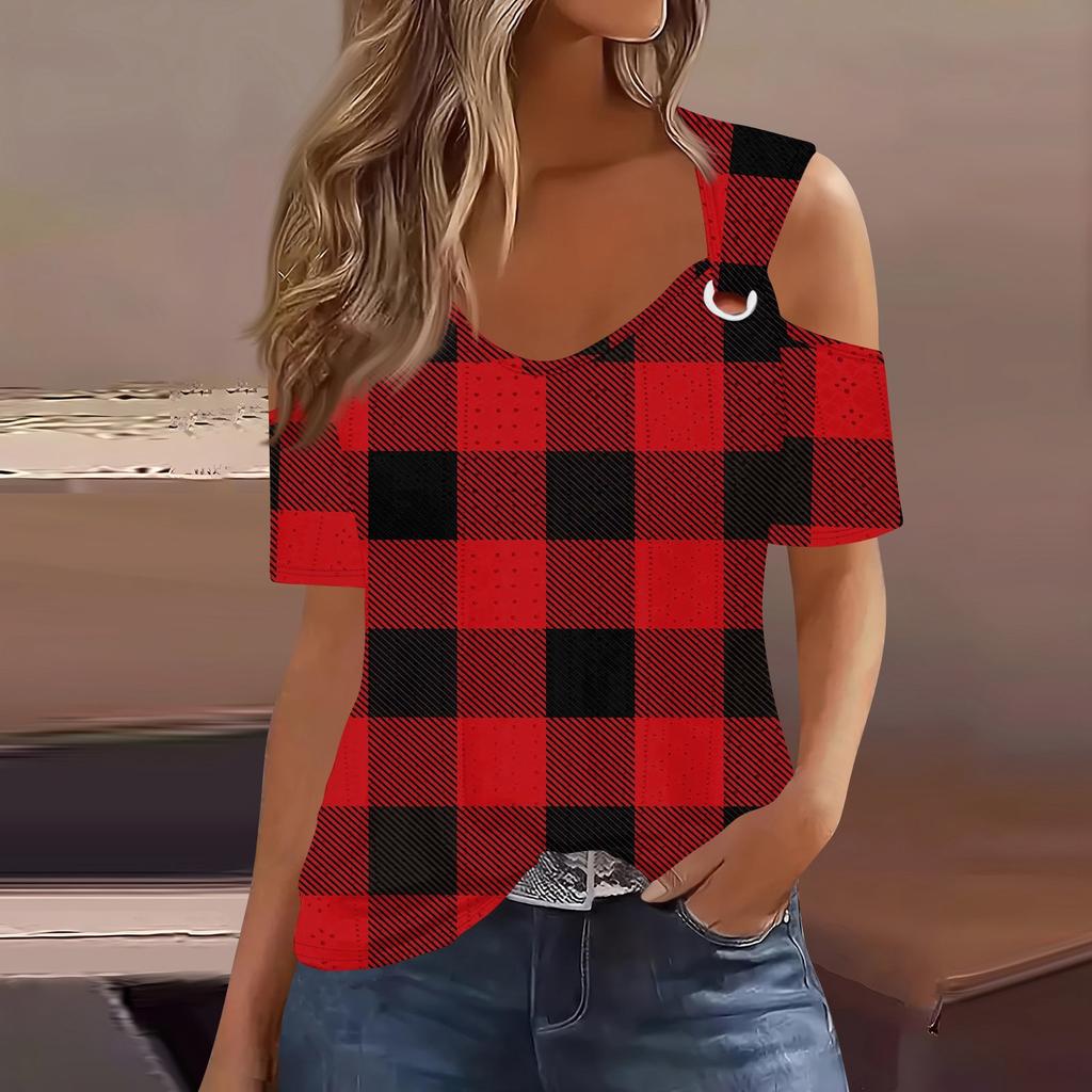 Sexy Cold Sholuder Tops For Women Summer Hollow Out Eyelet Short Sleeve Blouse Loose V Neck Tshirt Trendy Casual Tunics