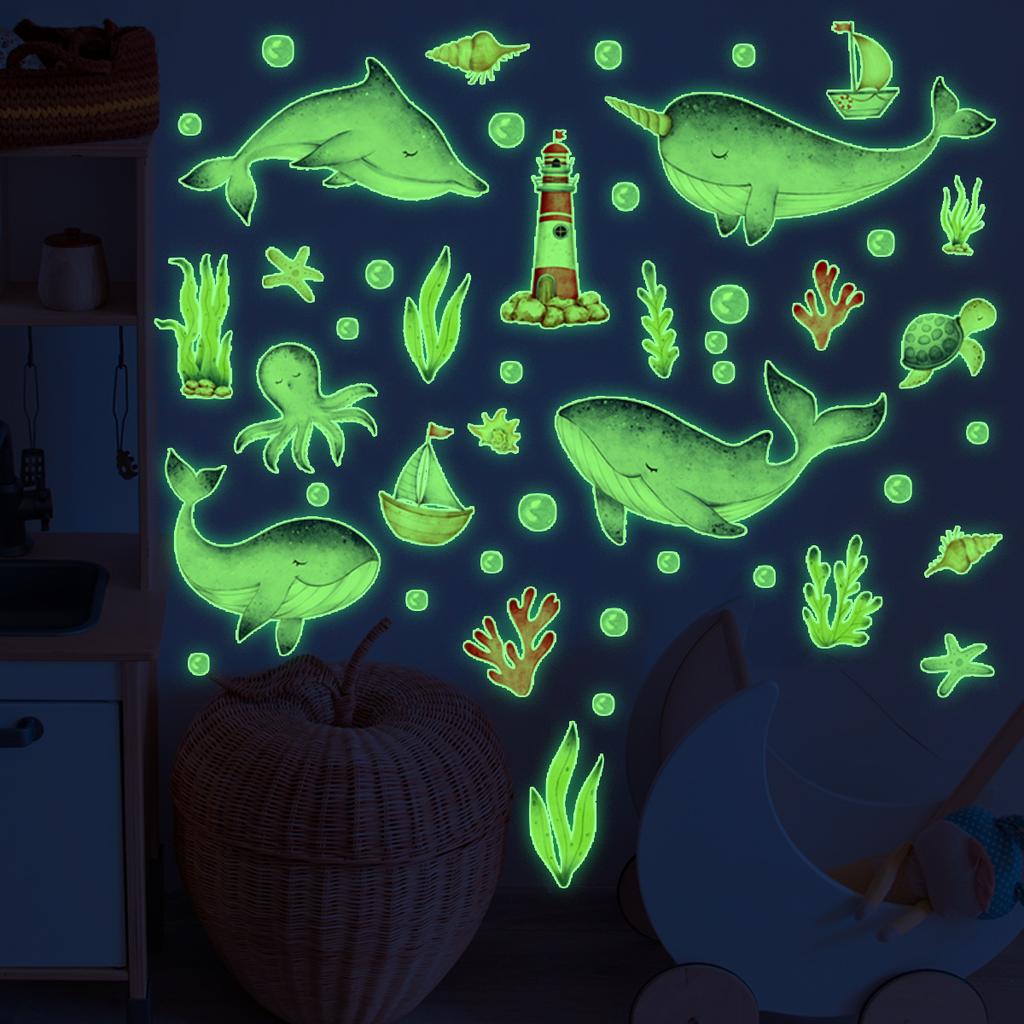 Luminous Fish Octopus Wall Stickers Underwater World Decal Glow In The Dark Stickers For Kids Rooms Kindergarten Wall Decoration