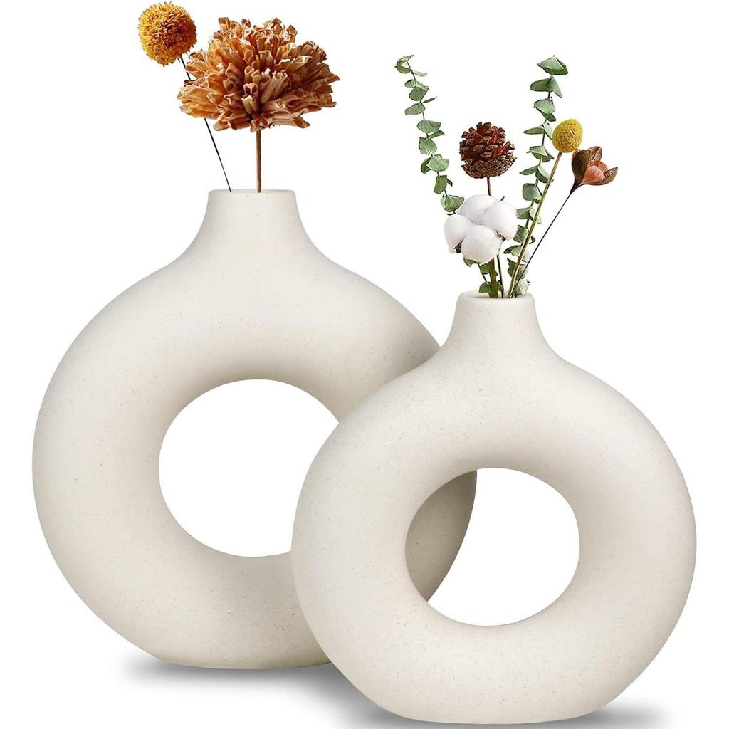 White Ceramic Donut Vase Set (6 & 8 Inches, Pack of 2) – Round Shaped Flower Vase for Pampas Grass, Home Decor Centrepiece