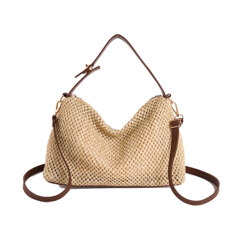 PU Leather Buckle Hobo Shoulder Bag Grass Woven Box Bag Leisure Straw Crossbody Bag Women