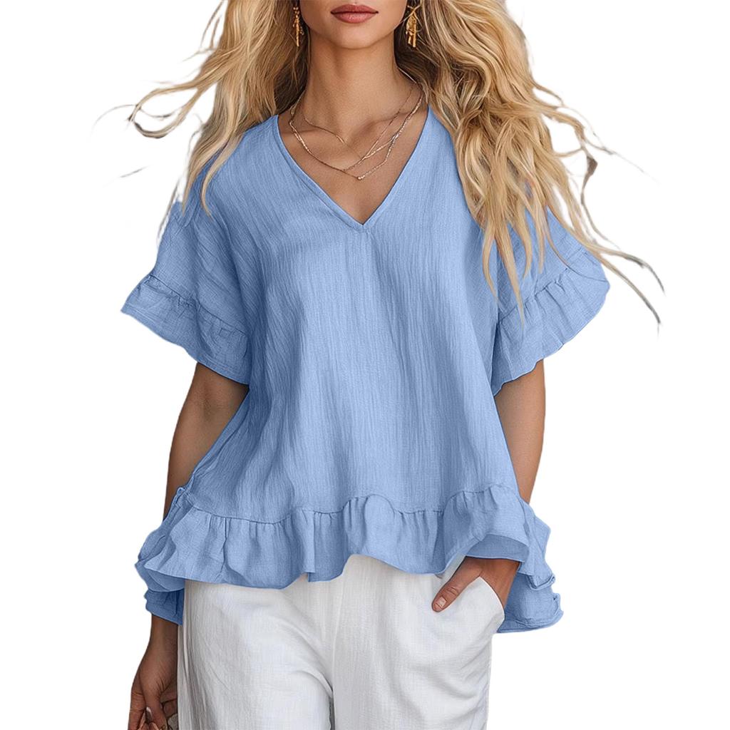 Women's Ruffled V-Neck Shirt Fashionable Casual Short-Sleeved Top