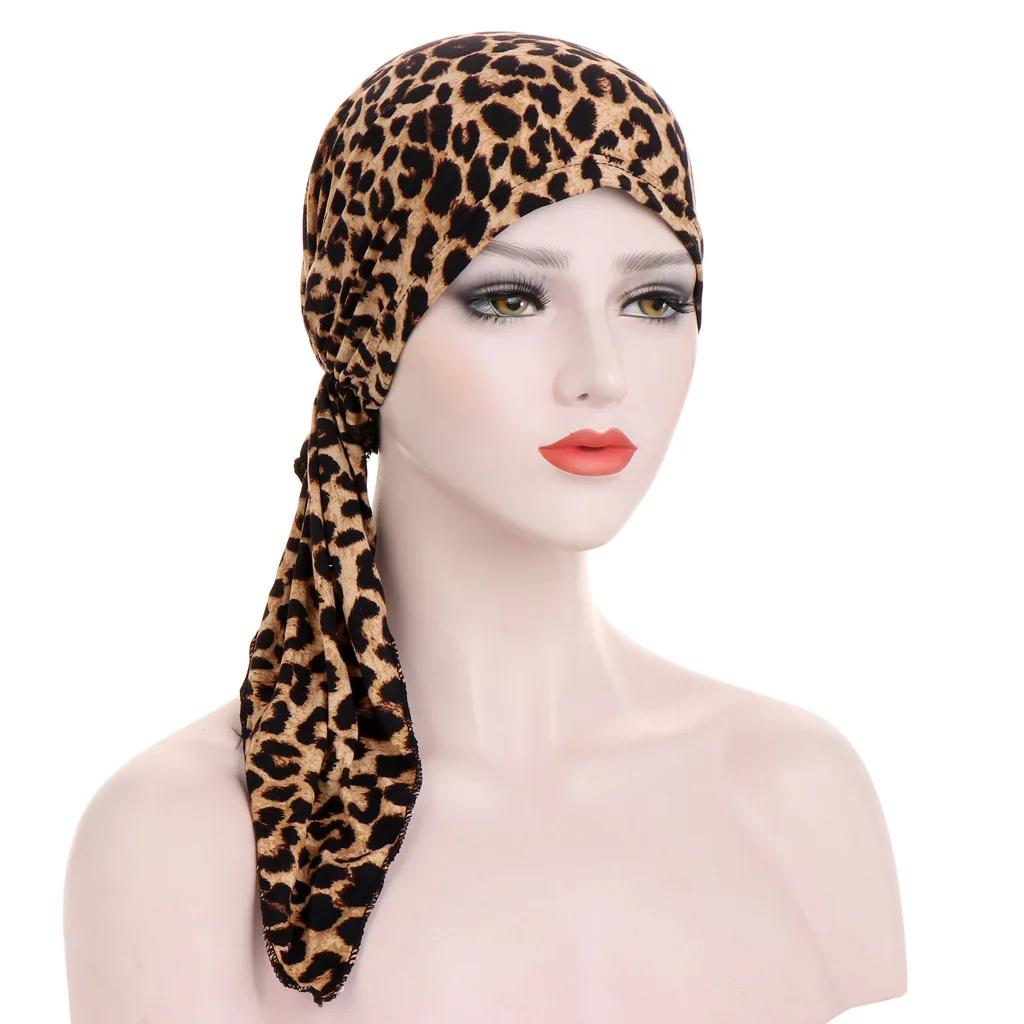 Women Printed Turban Cap Muslim Hijab Inner Caps Beanies Bonnet Long Tail Headscarf Strech Bandana Hat