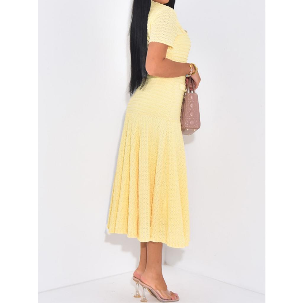 Slimming Knitted Dress Hollow Out Short Sleeve Lace Trim Waist Cinched Long Fashionable Sweater Dress