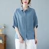 Sommar Dam Litterär Bomull Linneskjorta Plus Size Lös Enfärgad Kortärmad Toppar