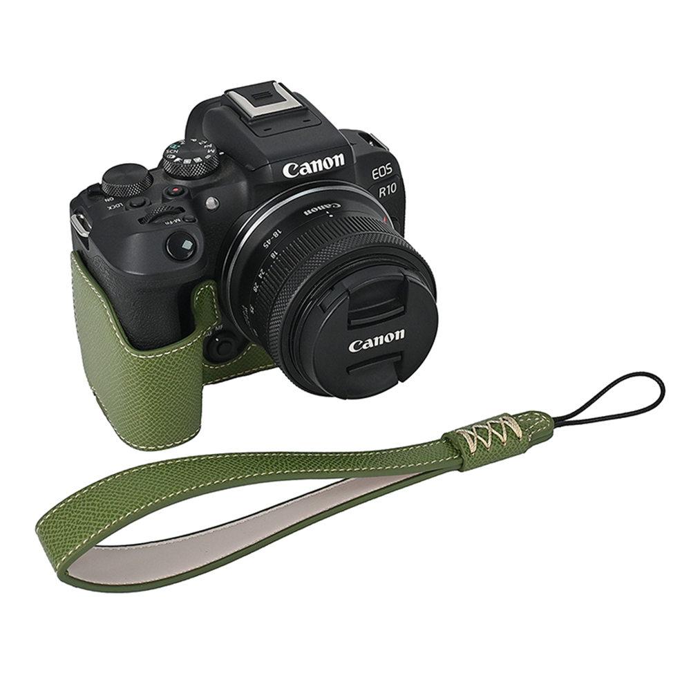 R10 Etui Pół-Kamerowe ze Skóry PU z Wzorem Dłoni dla Canon EOS R10 Z Otworem na Baterię Dolna Pokrywa z Paskiem na Rękę