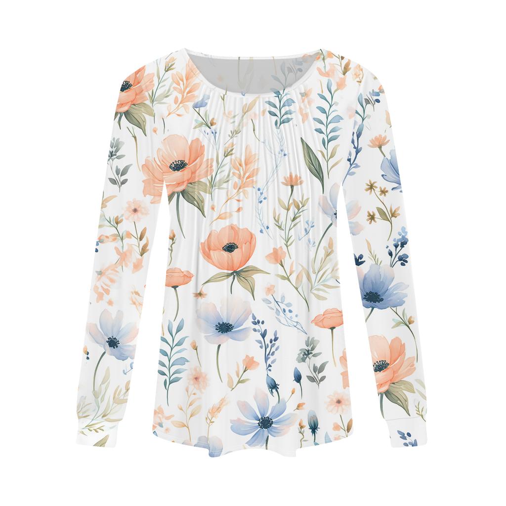 Women's Fashion Casual Pleated Round Neck Vintage Floral Print Long Sleeve T,Shirt Top