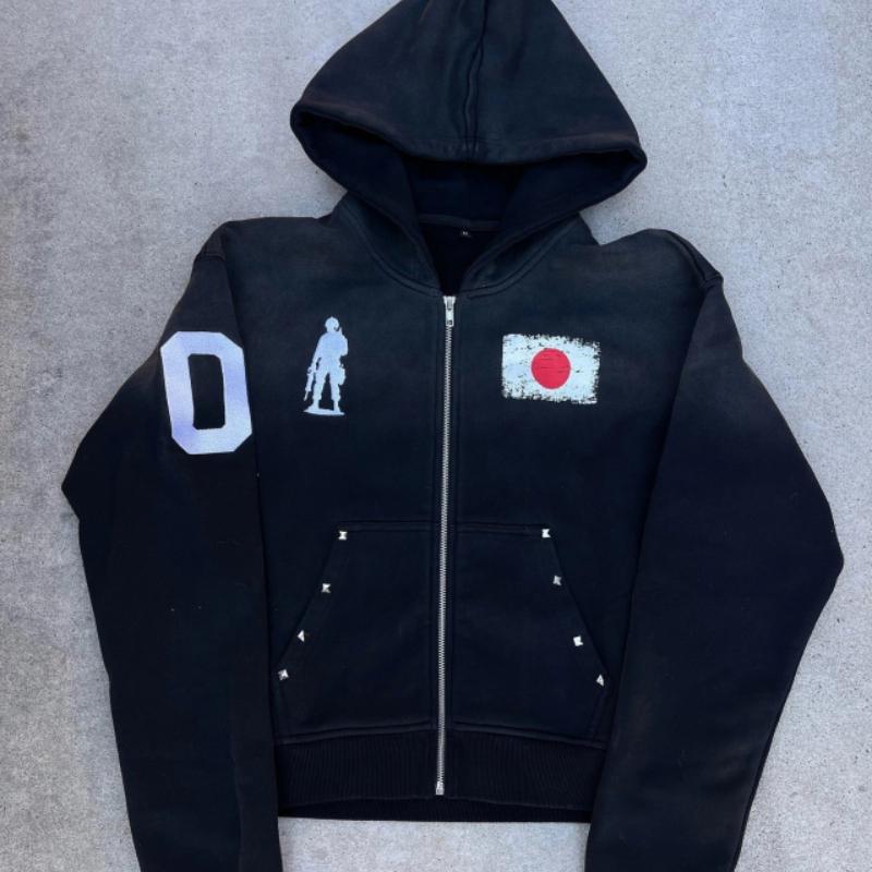 Personalized Street Style European and American Unisex Cartoon Comic Print Hooded Zipper Plus Pocket Hip-hop Hoodie