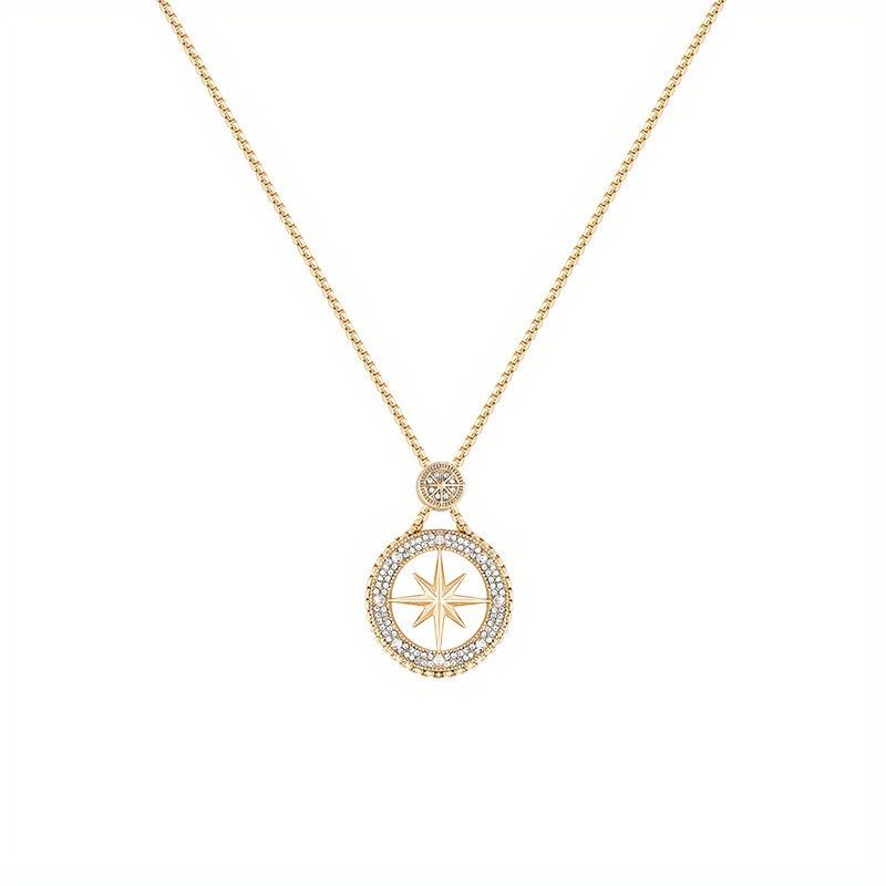 A Single Elegant Golden Copper Compass Star Pendant Necklace with Sparkle - a Long Sweater Chain Perfect for Autumn and Winter