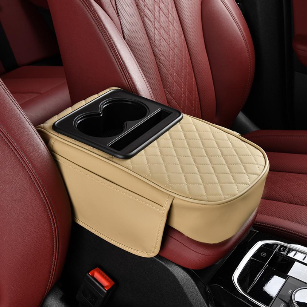 PU Leather Car Armrest Pad with Cup Holder Multifunctional Center Console Armrest Cushion Height Increasing Thickened