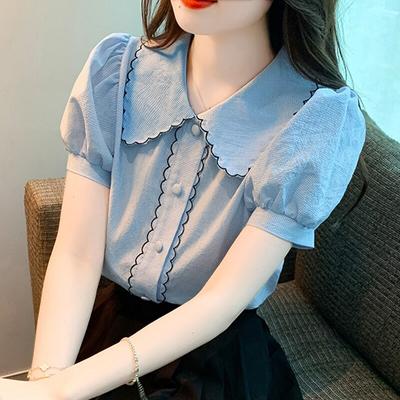 Moda peter pan colar feminino blusa e topps casual manga curta verão camisas das mulheres elegantes roupas femininas 26123
