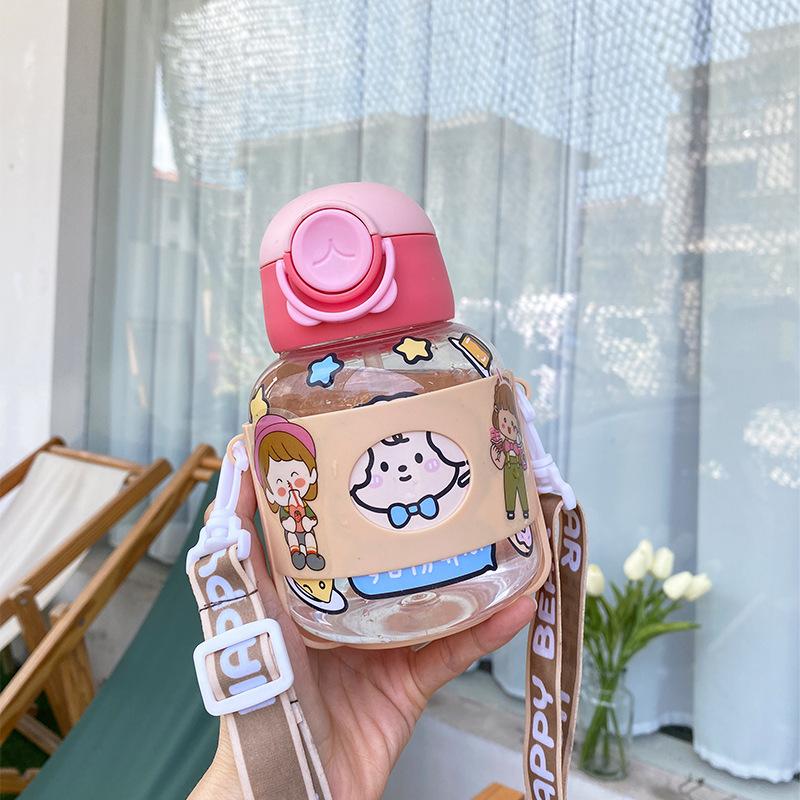 Water Bottle Color Matching Bounce Cover Straw Cup Children Cute Fun Cartoon Plastic Water Cup Primary School Students Strap Portable Cup
