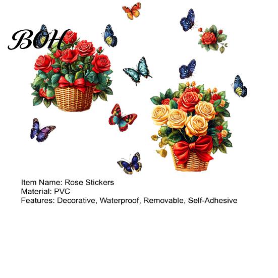 Party Decoration Floral Wall Stickers Rose Flowers with Butterflies, PVC Waterproof Decals, Removable Peel And Stick Art Decor, Murals for Home Living
