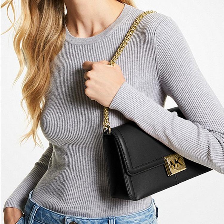 Michael Kors MK Sonia Chain Solid Color Large Logo Flap Leather Shoulder Crossbody Bag Medium Women Bags Black 35F1G6SL3L-001