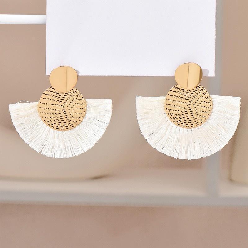 1 Pair Fashion Bohemian Style Fan-shaped Tassel Dangle Earrings For Women Girls Statement Drop Earrings Zircon Accessories