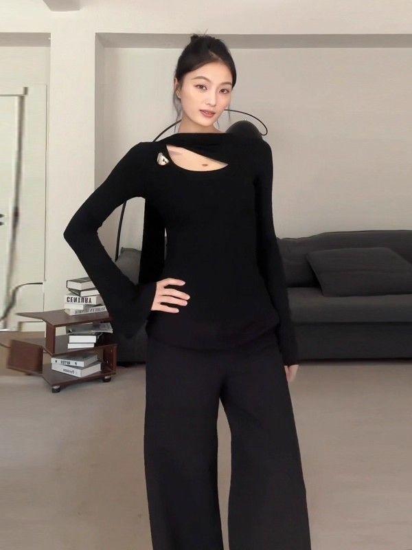 Xinwang Asymmetric One-Shoulder Ribbon Long Sleeve Women's T-shirt - 260g Modal