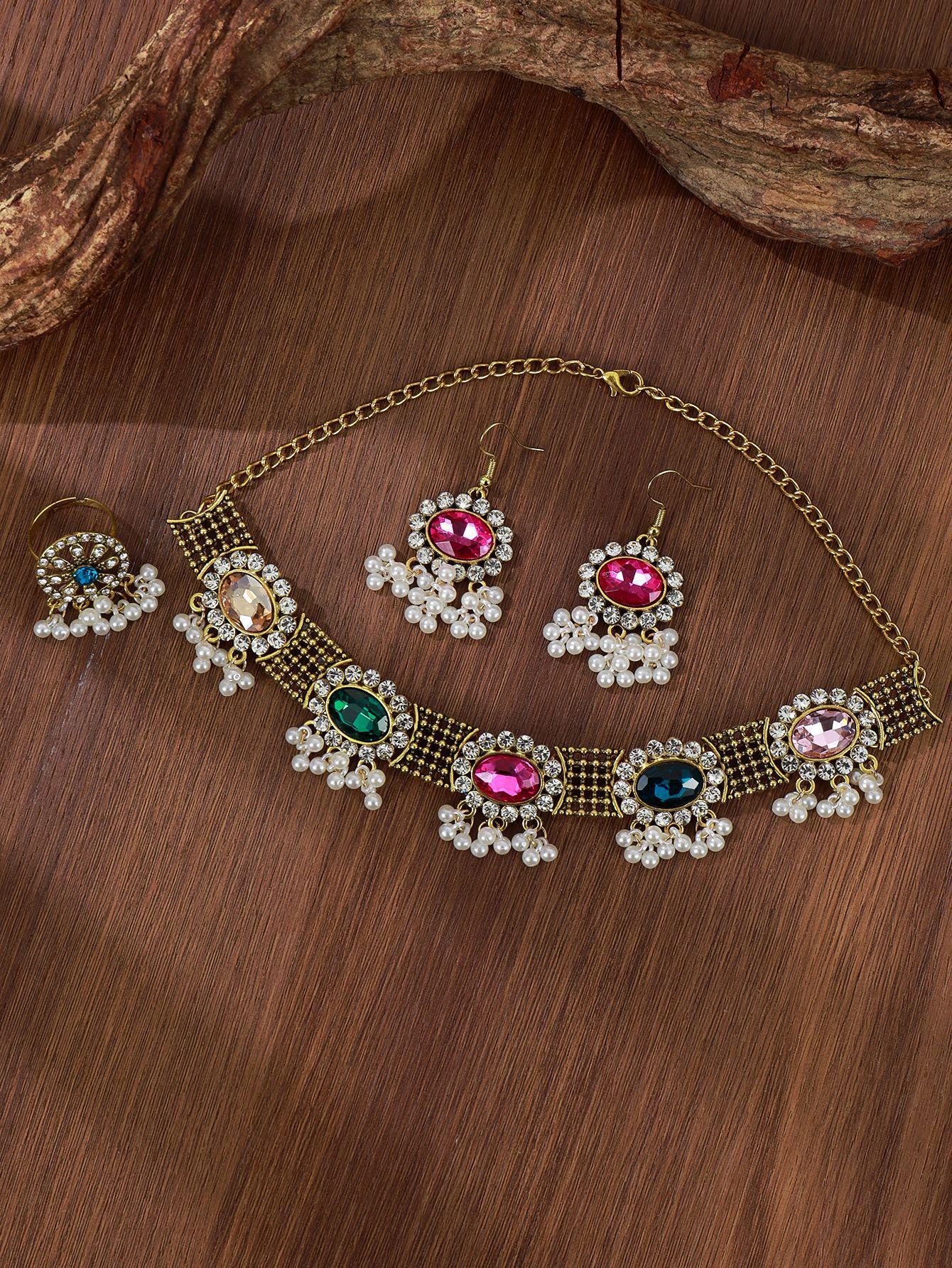 Bohemian Gemstone Necklace & Earring Set with Tassel and Pearl Retro Artistic Charm