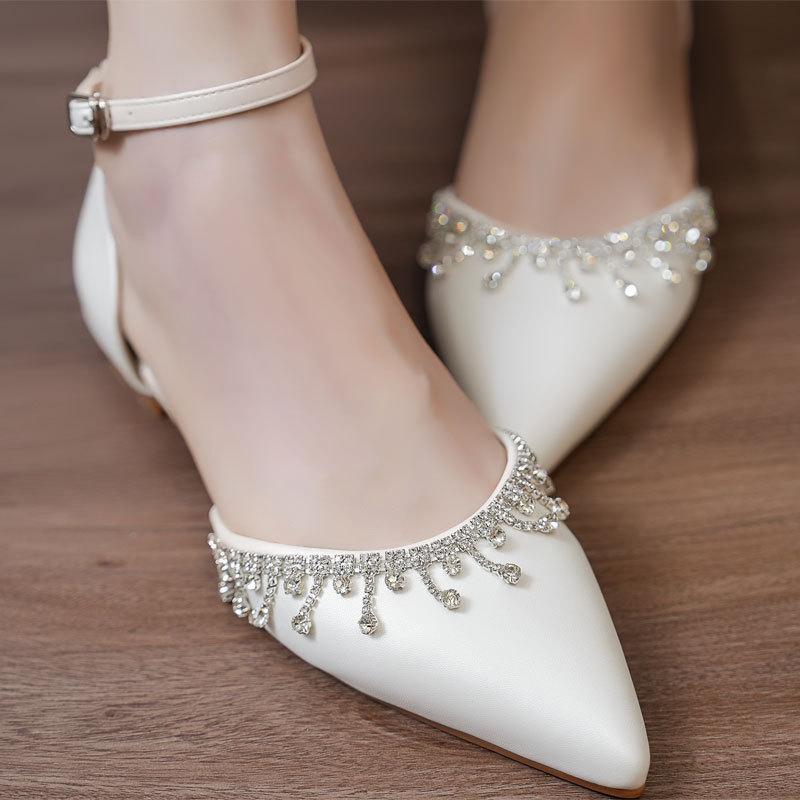Fashion White Leather Wedding Shoes Sandals for Women Summer Bridal Flat Comfortable Strappy Tassel Chain Hollow Design