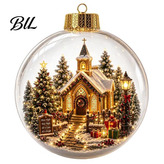 Winter Holiday Hanging Pendants Christmas Tree Crystal Ball Pendant with LED Light, Built-in Christmas-themed Ornaments Pattern Design, Acrylic