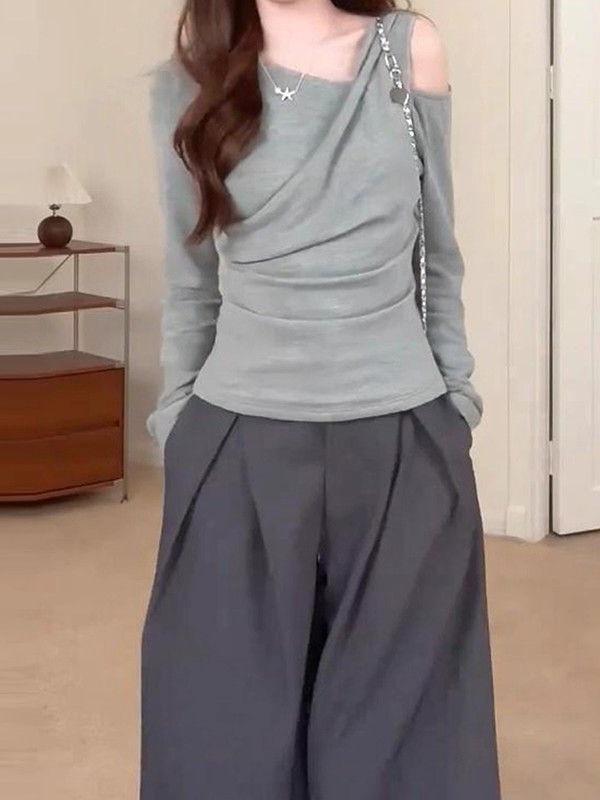 

Plus Size Long Sleeve Pleated Waist T-shirt for Women - Slimming Autumn/Winter Style Small серый