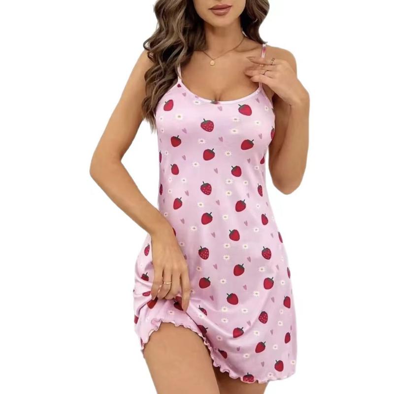 Women's Pajamas Summer Sleeveless Camisole Nightdress Milk Silk Fabric Floral Strawberry Print Sexy Adult Pajamas Dress