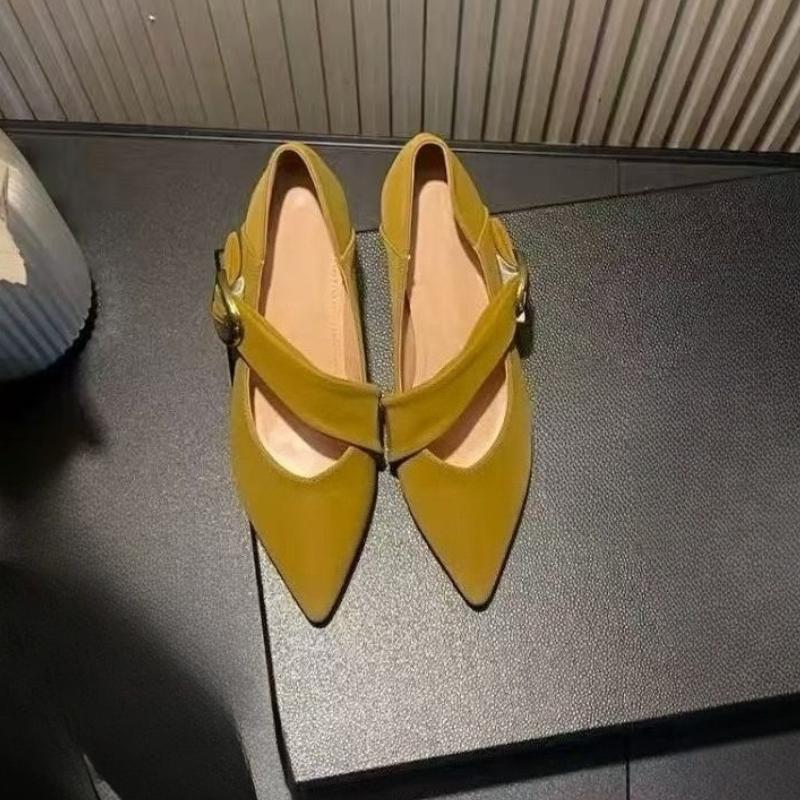 Fashion 2025 Women's Fashion Slim Heel Shoes Autumn New Pointed Head Shallow Mouth Metal Buckle A Word with Temperament Low Top Shoes