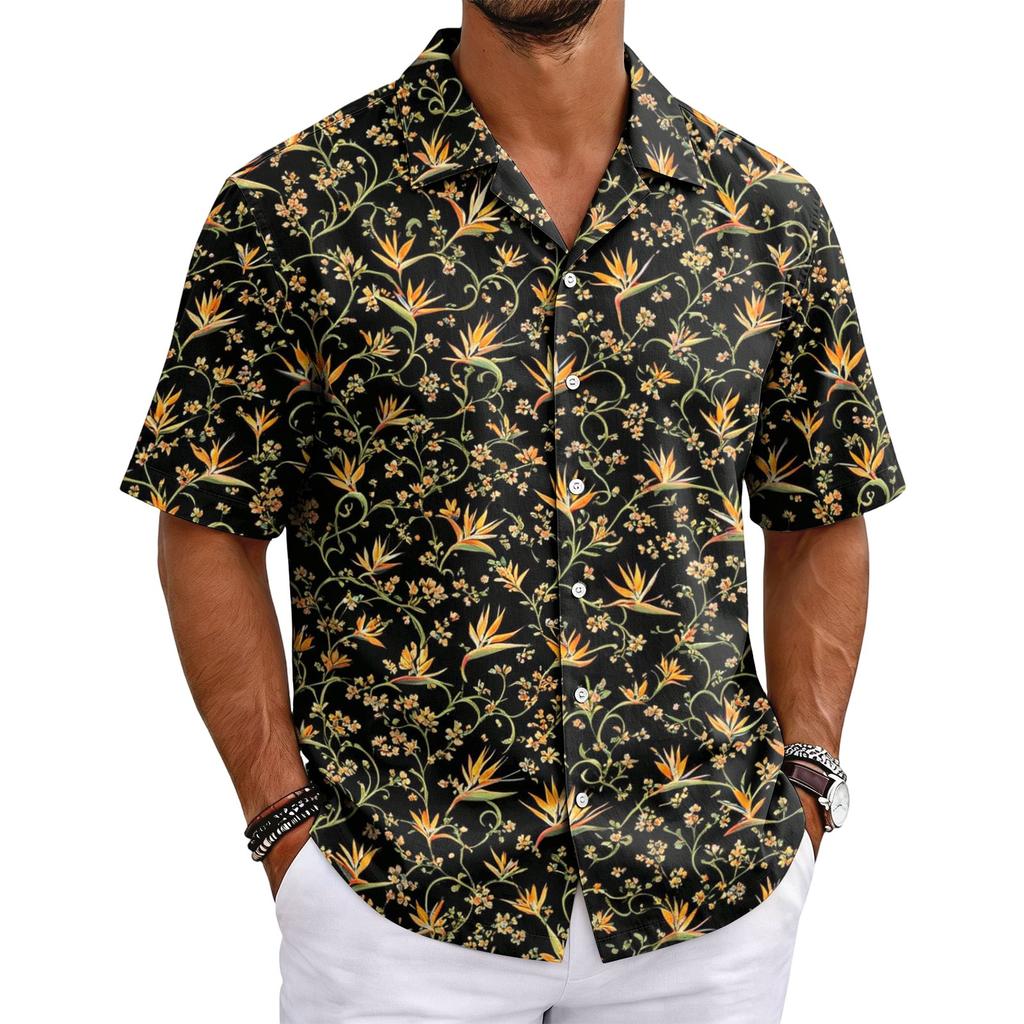 Men's Summer Hawaiian Print Cuban Collar Shirt Short Sleeve Button Down Casual Beach Shirt Lightweight Breathable Fabric