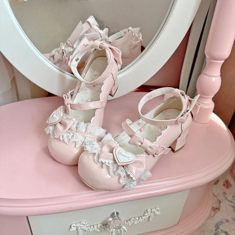 Rosa Lolita High Heels Spitze Schleife Knöchelriemen Mary Jane Schuhe Süße Prinzessin Cosplay Schuhe 40 rosa