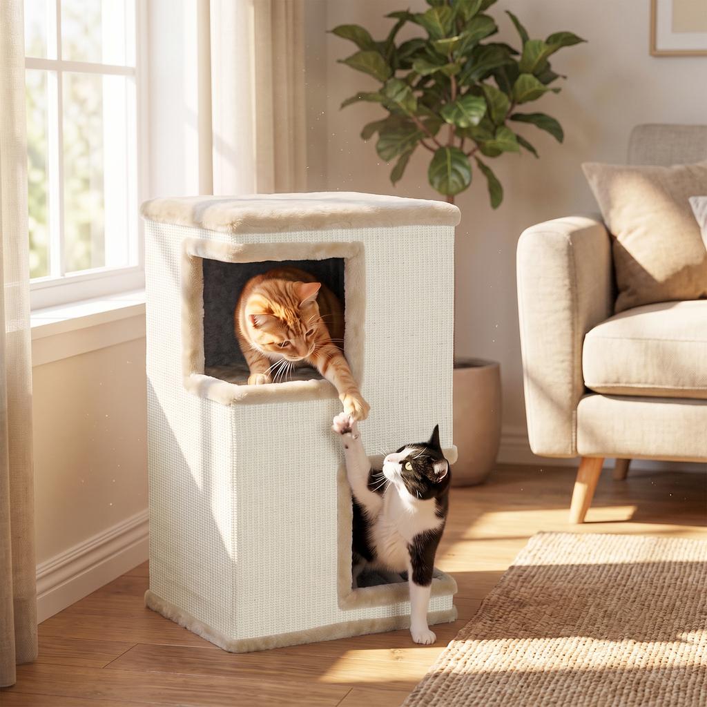 3-Tier Indoor Cat Barrel, Semi-Enclosed Cat Cave with Scratching Surfaces All Around, 2 Cat Caves