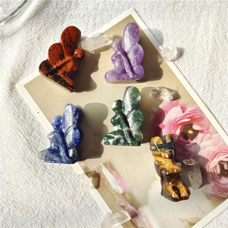 Butterfly Fairy Statue Natural Stone Crystal Carved Reiki Healing Mini Figurine Gemstone Crafts Home Gem Decoration Gifts