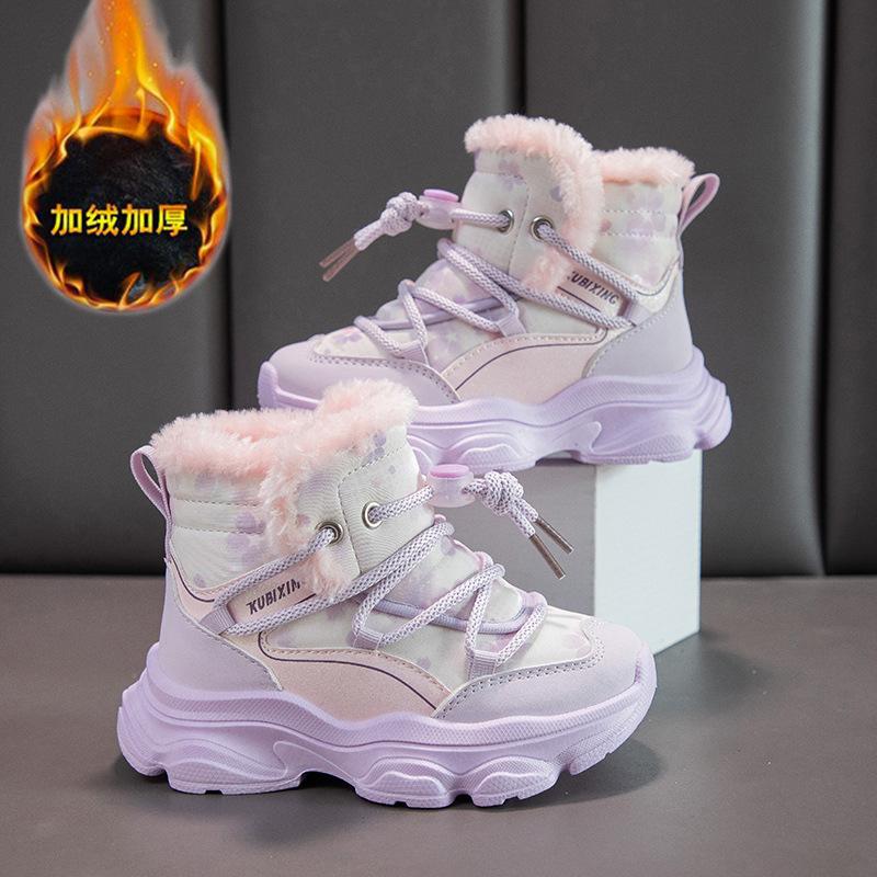Girls' Fleece-Lined Sneakers Children's Winter Thick Cotton Shoes New Boys' Snow Boots Big Kids' Thickened Cotton Boots