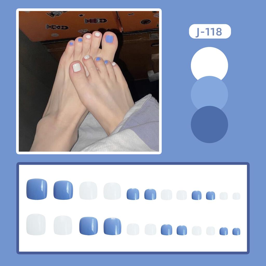 24Pcs Glossy Lake Blue Press On Toenails Full Coverage Artificial Acrylic Fake Toe Nails Removable Wearable Nail Art