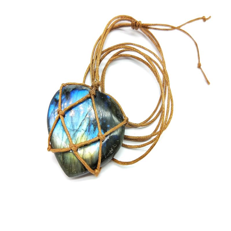 Labradorite Pendant Necklace Heart-Shaped Moonstone Pendant Vintage Hand-knitted Jewelry
