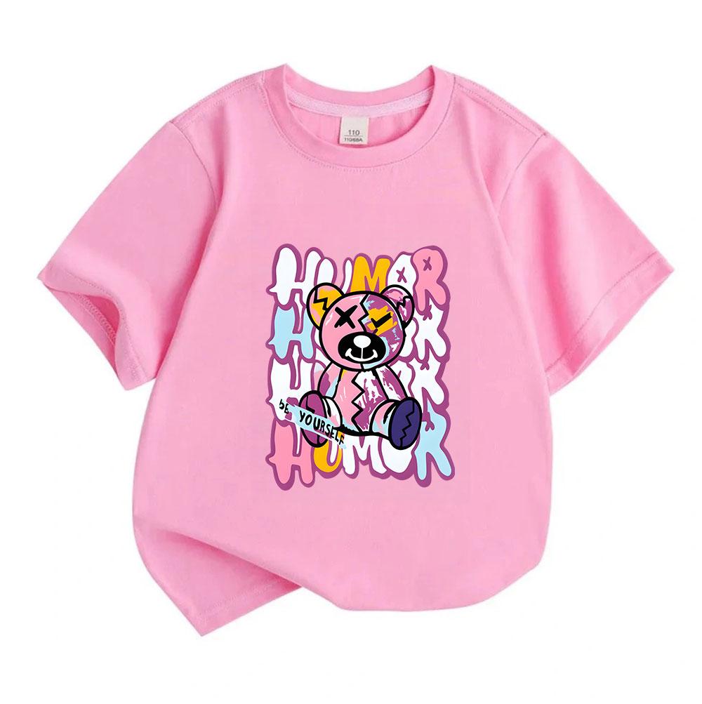 Kids Boys Girls 100% Cotton Crew Neck Short Sleeve T-Shirt, Funny Broken Bear Print 'Be Yourself' Humor Graphic Casual Soft Summer Tee for Children Da