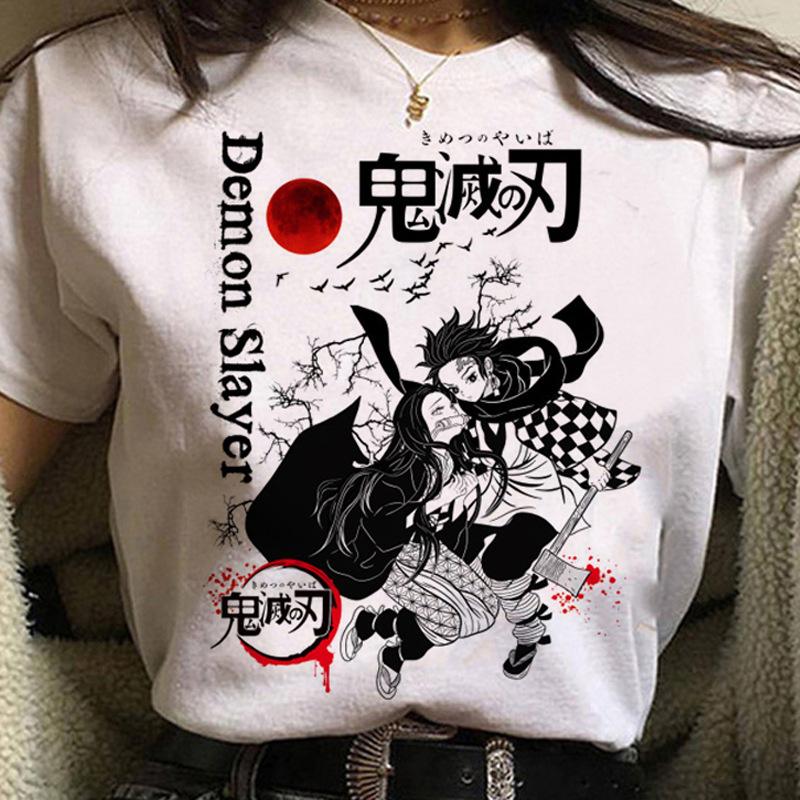 Kawaii Casual Anime Demon Slayer Kimetsu No Yaiba Graphics Female T-Shirt Summer Loose Blouse White Tees O-Neck Women Goth Tops