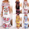 Women's Off Shoulder Short Sleeve Floral Print Maxi Dress Slim Fit Mid Waist Boho Beach Tiered Dress