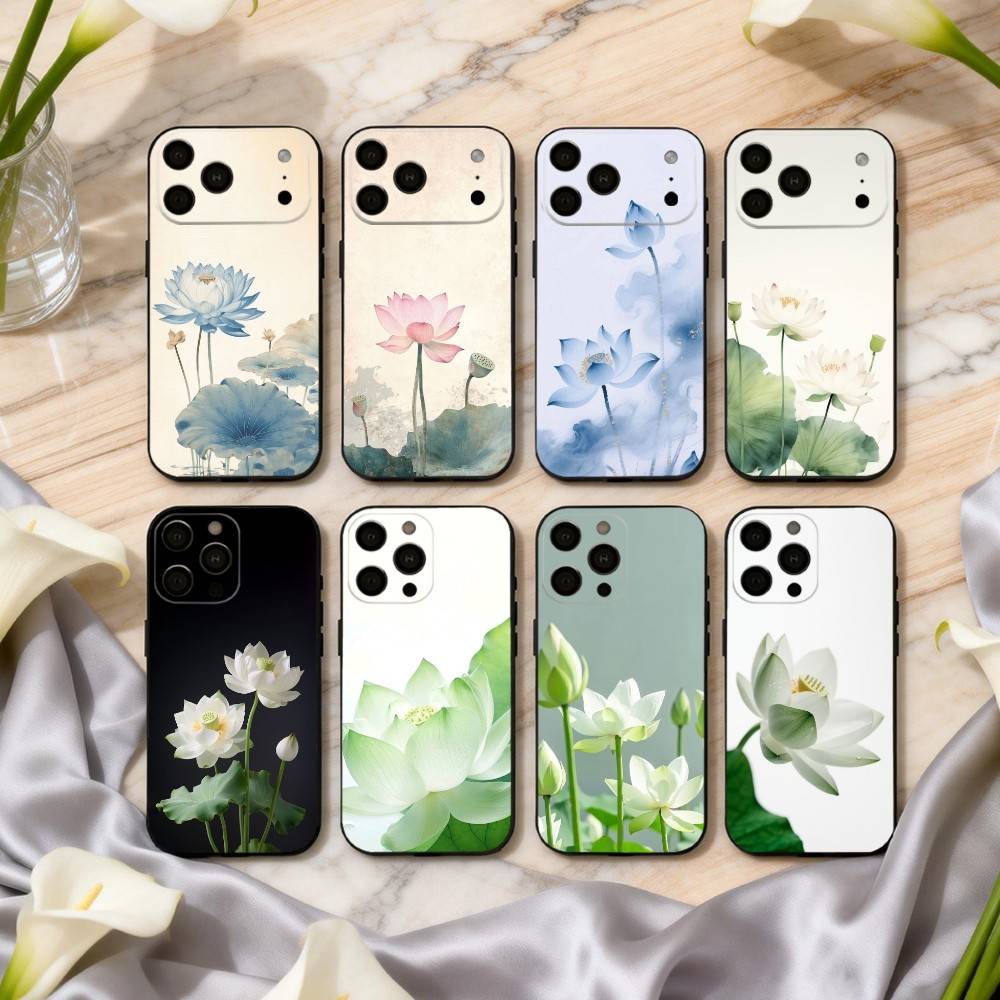 E-Emerald W-White Lotus Phone Case For iPhone 17,16,15,14,13,12,11 Plus,Pro Max,XS,Soft Silicone Black Cover