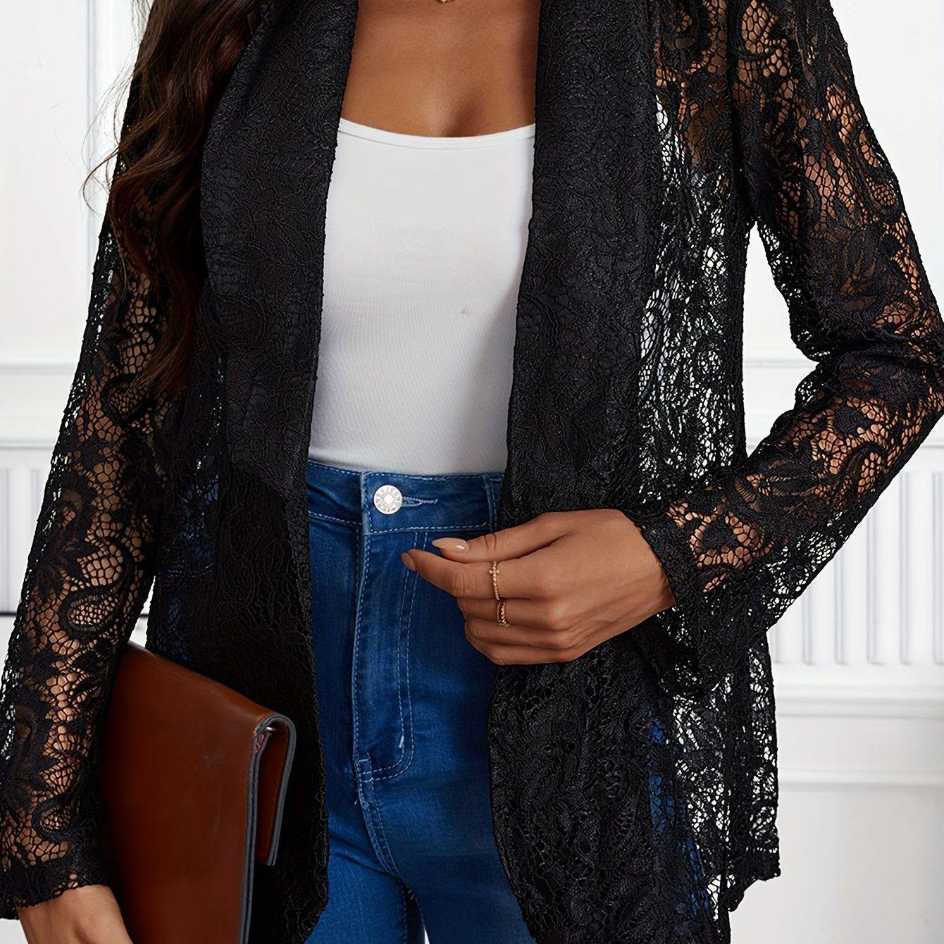 Plus Size Women s Long Sleeve Lace Cardigan Jacket 4XL чёрный