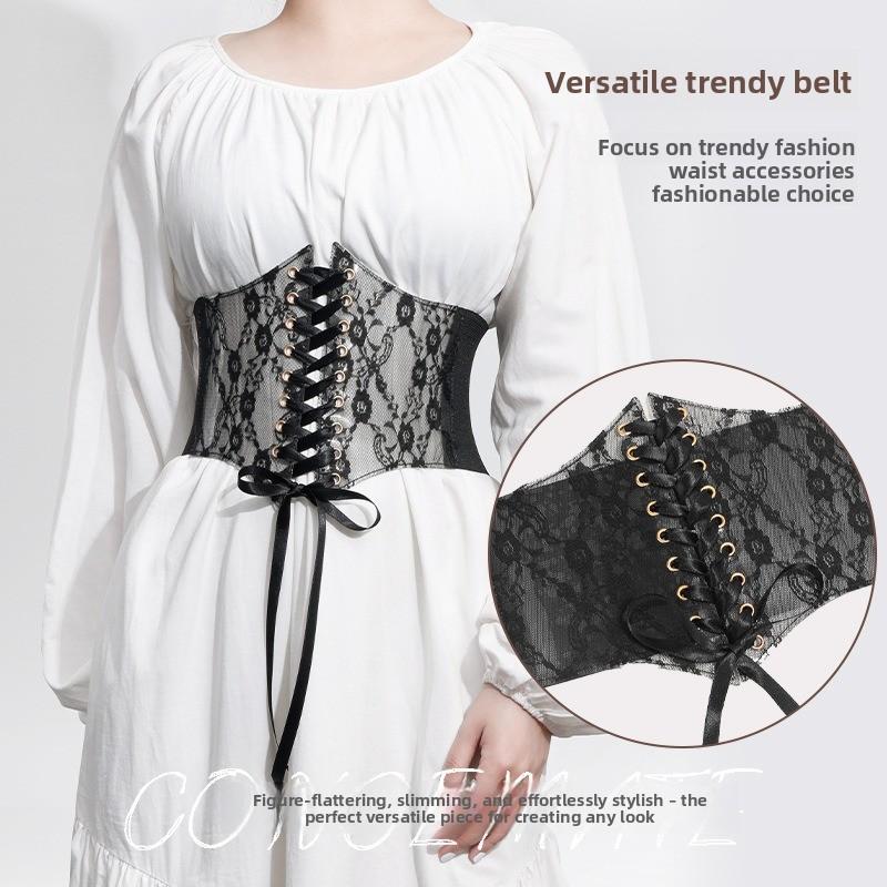 Wide Version Lace Waist Seal, Women's Versatile Dress Top Decorative Belt, Telescopic Elastic Belt