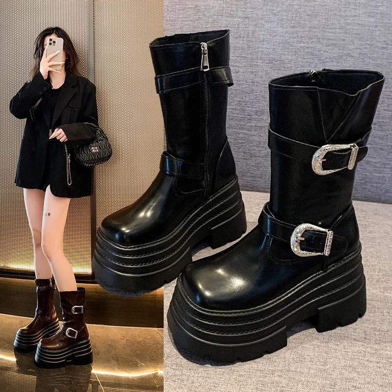 

Модные высококачественные женские сапоги 2024 года, новые водонепроницаемые нескользящие женские туфли на платформе, модные универсальные сапоги до середины икры на высоком каблуке 37 чёрный