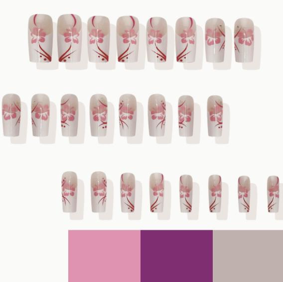 

24Pcs Mid-length Coffin Press On Nails, White French Tips with Pink Flower Print Fake Nails for Spring Summer United States