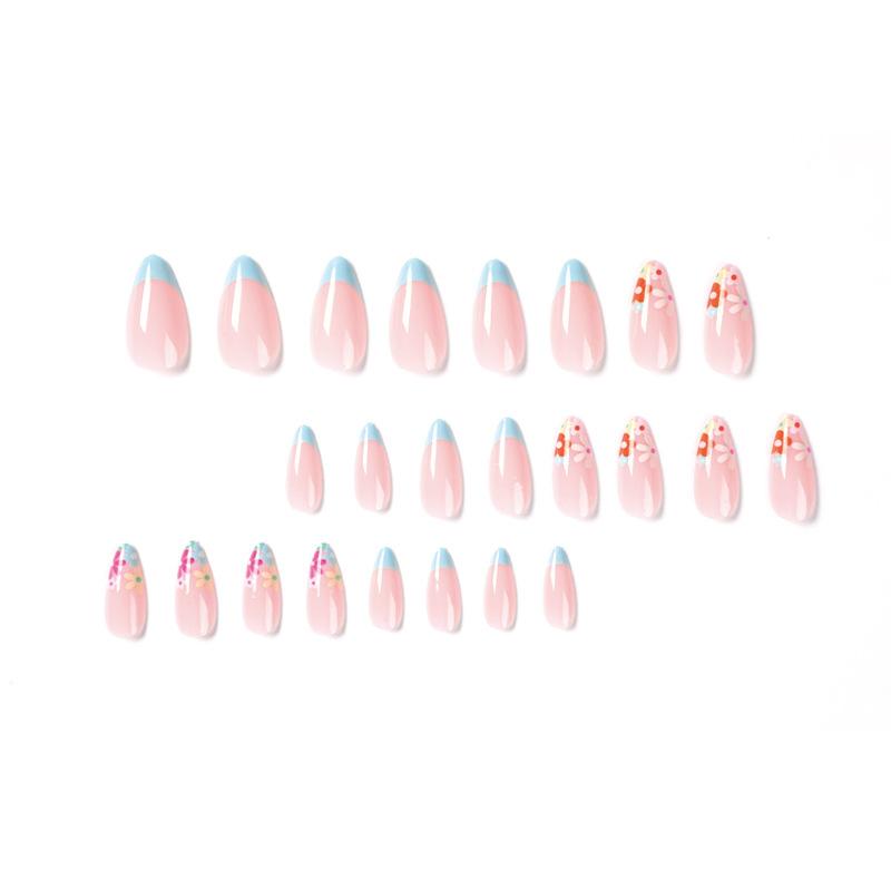 Wearable manicure Wearing manicure French blue edge flower manicure, wearing manicure press on nails