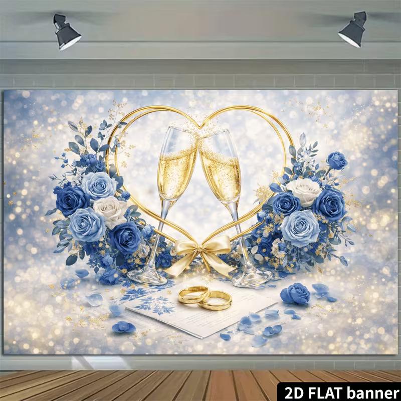 Fond de mariage en verre à champagne plat 2D, Fond floral bleu pour séance photo de mariage et fête