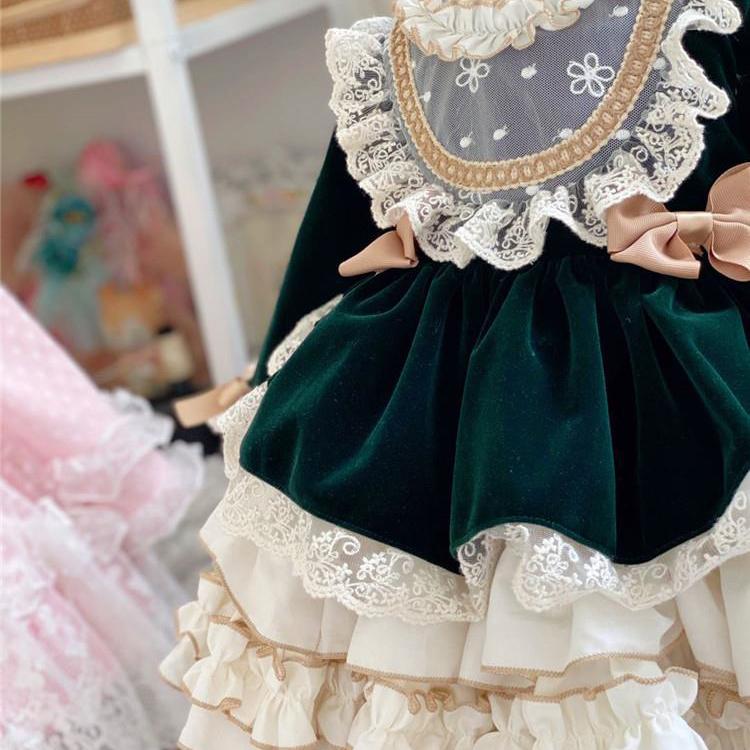 Vestido de Princesa Lolita de Renda de Veludo para Menina Bebê Criança Vintage Elegante Laço Tutu Vestido Natal Bebê