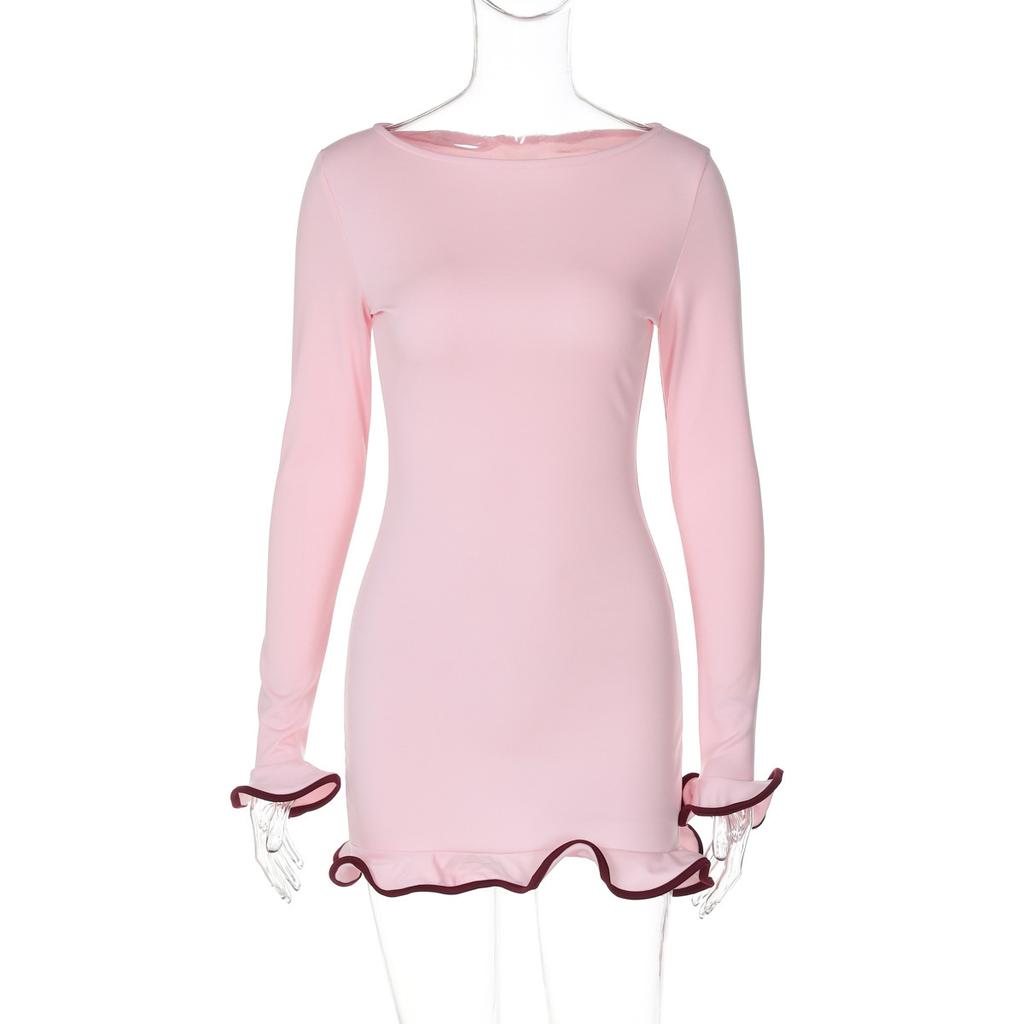 New Knitted Ruffle High Waist Mini Dress Women's Sexy Slim Long Sleeve Short Skirt Bodycon Dress Fall Luxury Crochet Clothes